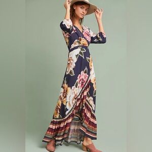 Farm Rio Floral and Stripes Multicolor Black Motif Layla Wrap Dress, Size Small